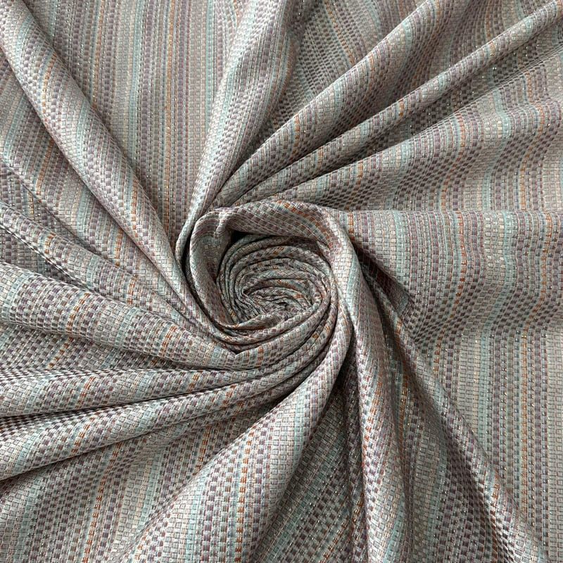 Tecido Jacquard Metalizado Listrado Cinza, Terracota e Verde Água •