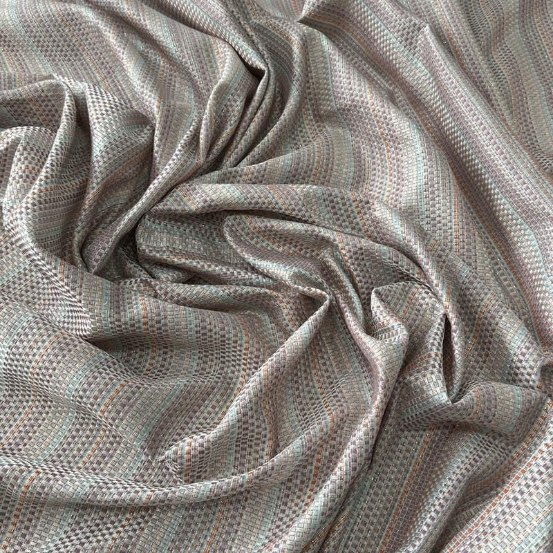 Tecido Jacquard Metalizado Listrado Cinza, Terracota e Verde Água •