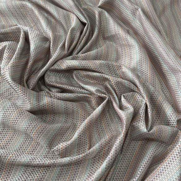 Tecido Jacquard Metalizado Listrado Cinza, Terracota e Verde Água •