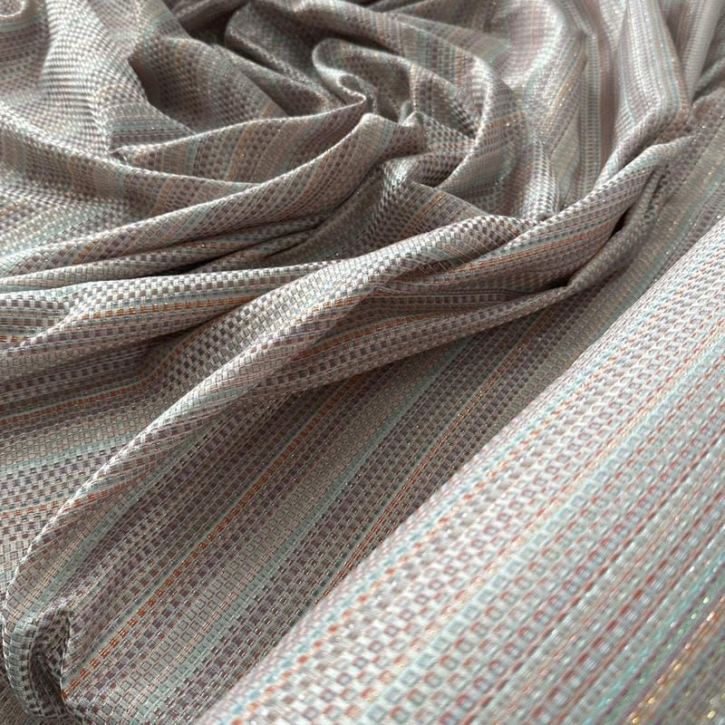 Tecido Jacquard Metalizado Listrado Cinza, Terracota e Verde Água •