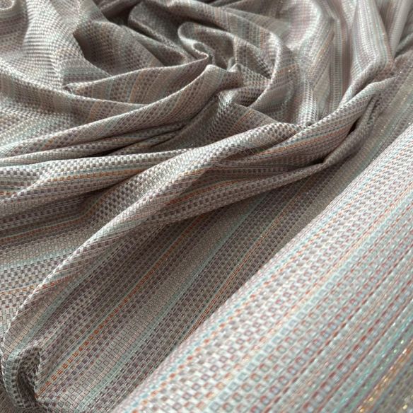 Tecido Jacquard Metalizado Listrado Cinza, Terracota e Verde Água •