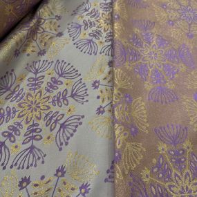 Tecido Jacquard Metalizado Floral Mandala Lilás e Dourado Fundo Cinza 2