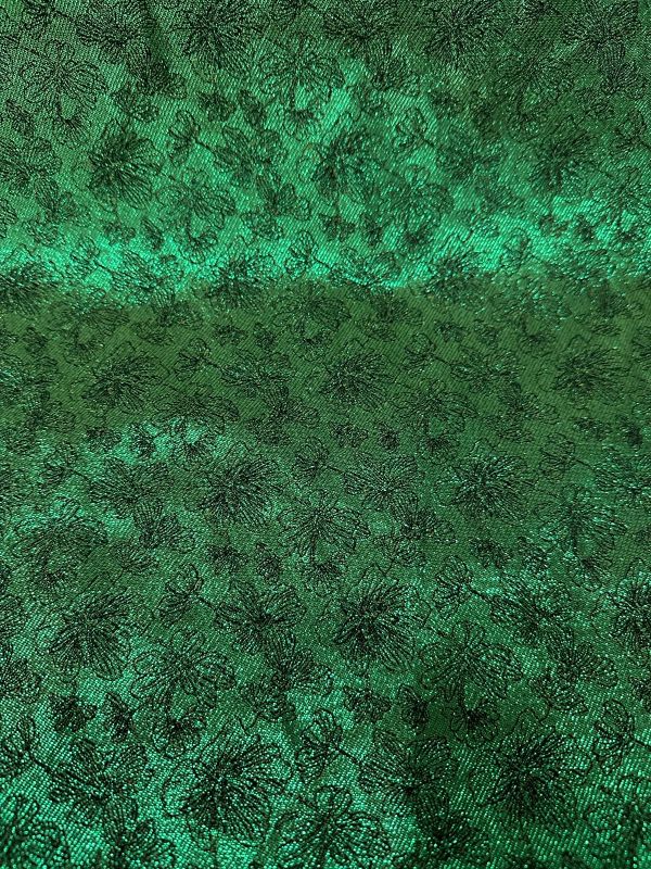 Tecido Jacquard Metalizado Floral Preto e Verde Esmeralda Dupla Face