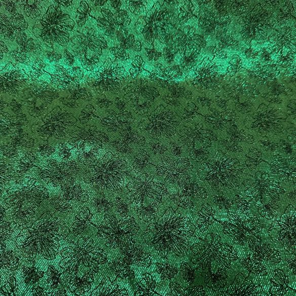Tecido Jacquard Metalizado Floral Preto e Verde Esmeralda Dupla Face
