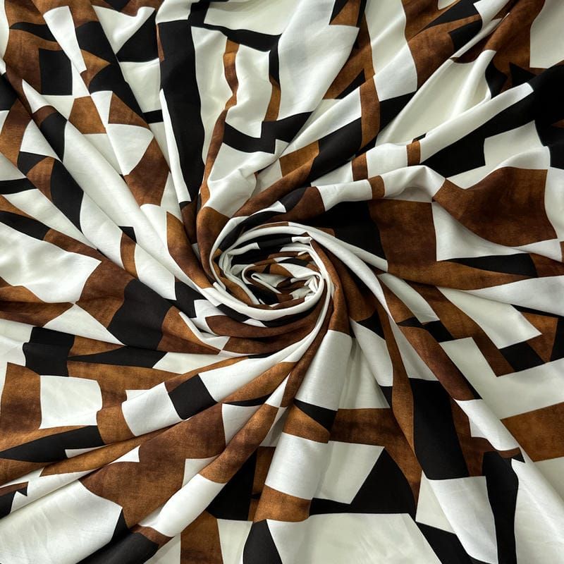 Tecido Viscose Estampada Geométrico Marrom e Preto • Conexão Tecidos