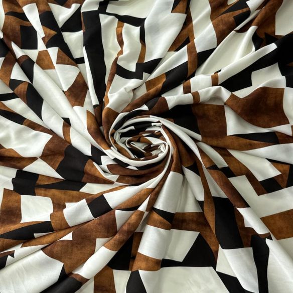 Tecido Viscose Estampada Geométrico Marrom e Preto • Conexão Tecidos