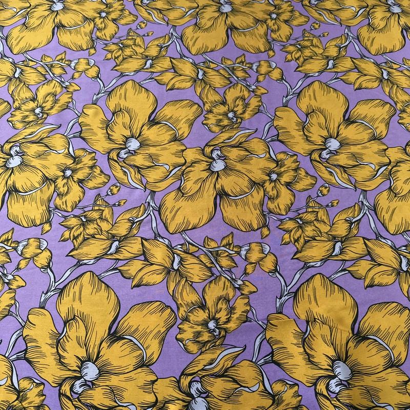 Tecido Viscose Estampada Floral Aurora Mostarda e Lavanda • Conexão