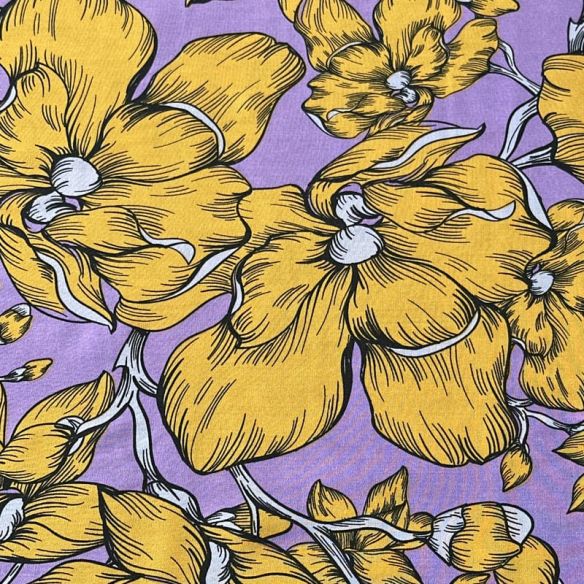 Tecido Viscose Estampada Floral Aurora Mostarda e Lavanda • Conexão