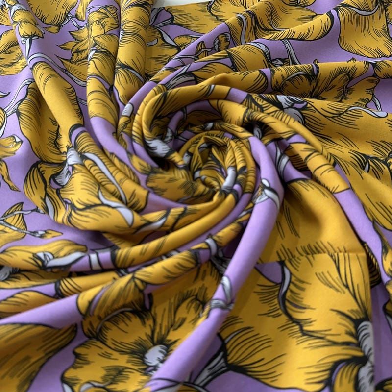 Tecido Viscose Estampada Floral Aurora Mostarda e Lavanda • Conexão