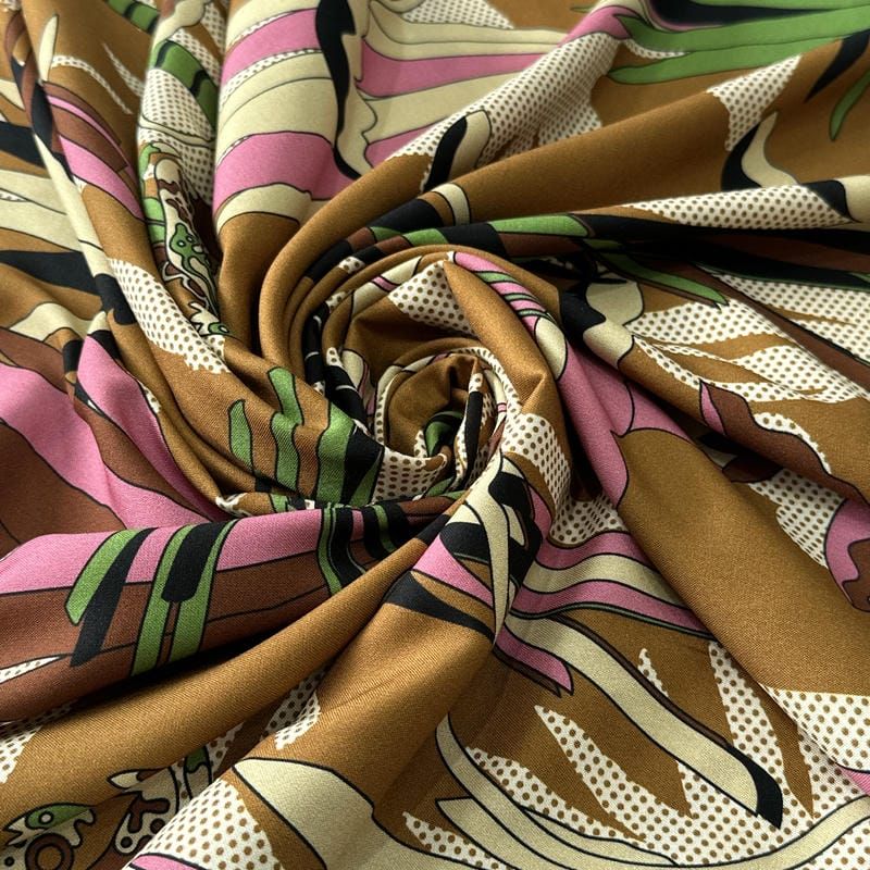 Tecido Viscose Estampada Fauna Tropical Caramelo e Rosé • Conexão