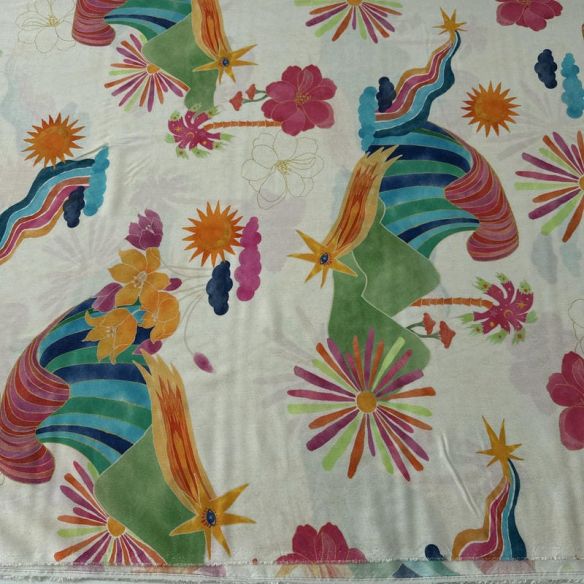 Tecido Viscose Estampada Tropical Sol de Verão Off White • Conexão
