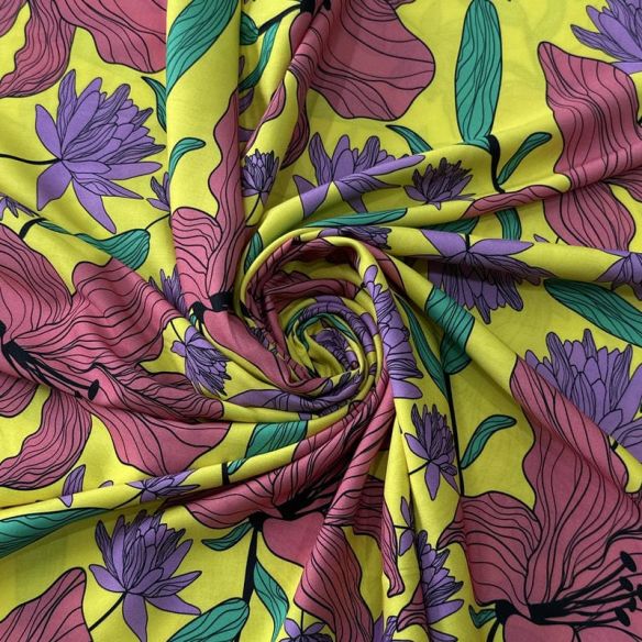 Tecido Viscose Estampada Floral Florença Amarelo Lima • Conexão