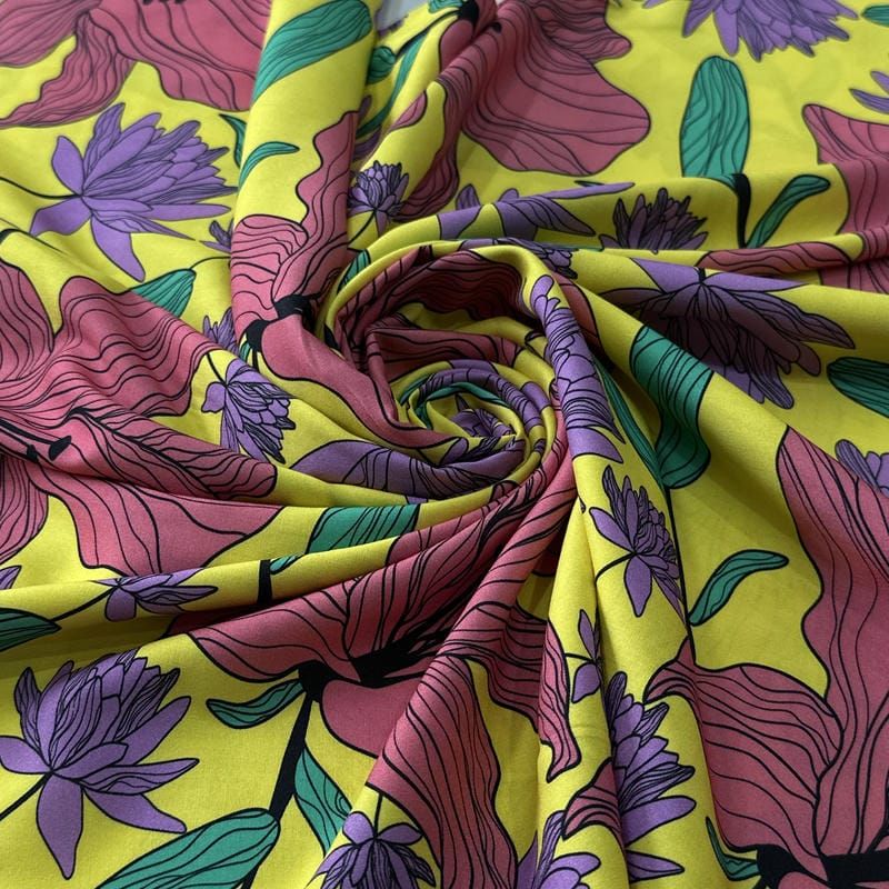 Tecido Viscose Estampada Floral Florença Amarelo Lima • Conexão