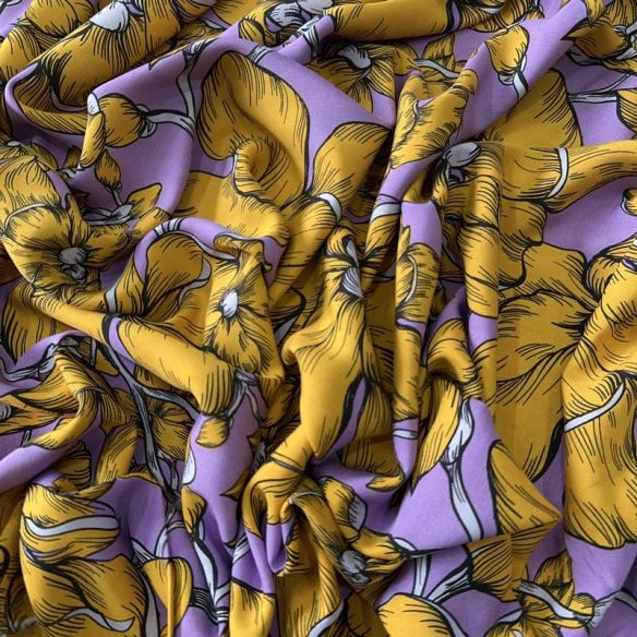 Tecido Viscose Estampada Floral Aurora Mostarda e Lavanda • Conexão