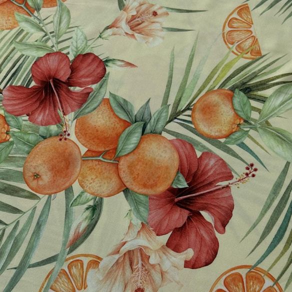 Tecido Viscose Estampada Citrus Tropical Creme • Conexão Tecidos