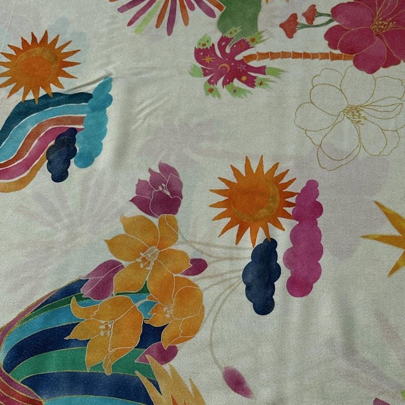 Tecido Viscose Estampada Tropical Sol de Verão Off White • Conexão