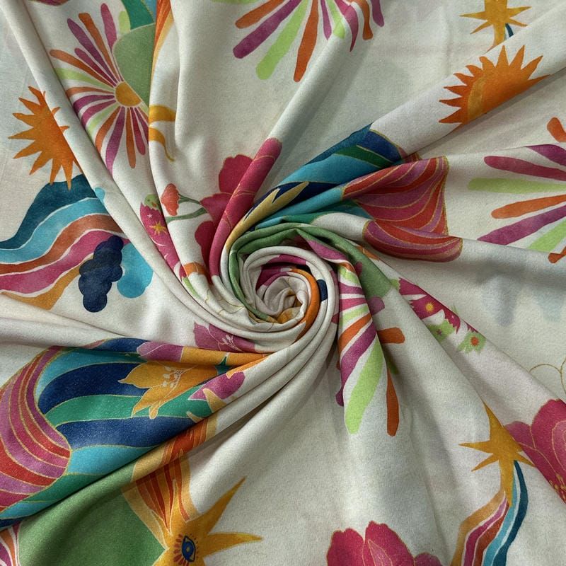 Tecido Viscose Estampada Tropical Sol de Verão Off White • Conexão