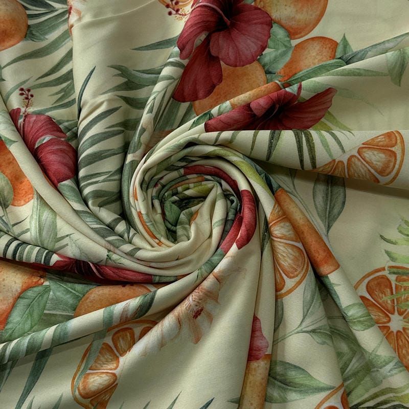 Tecido Viscose Estampada Citrus Tropical Creme • Conexão Tecidos