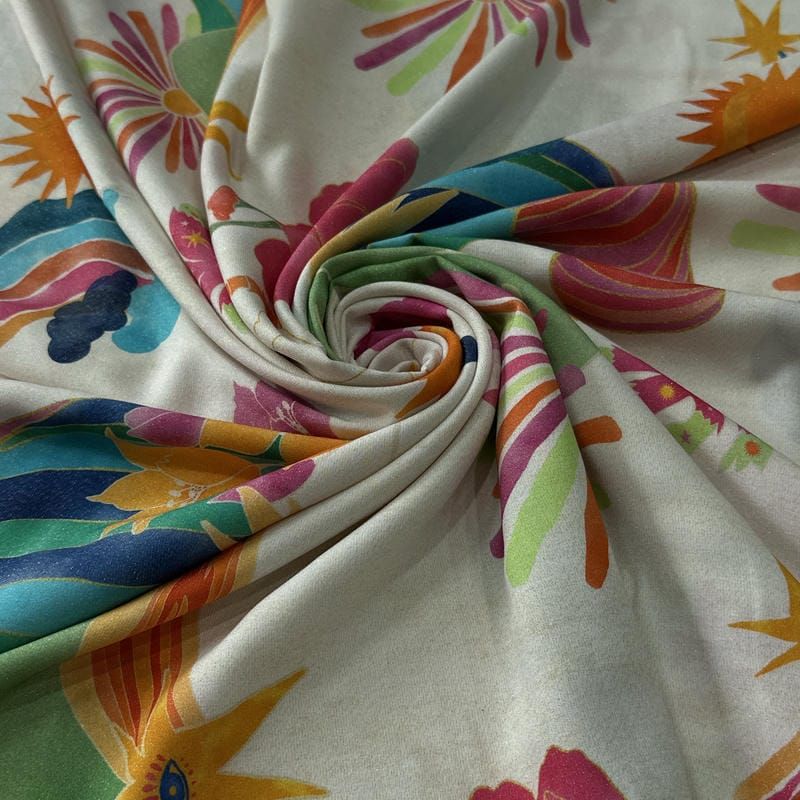 Tecido Viscose Estampada Tropical Sol de Verão Off White • Conexão