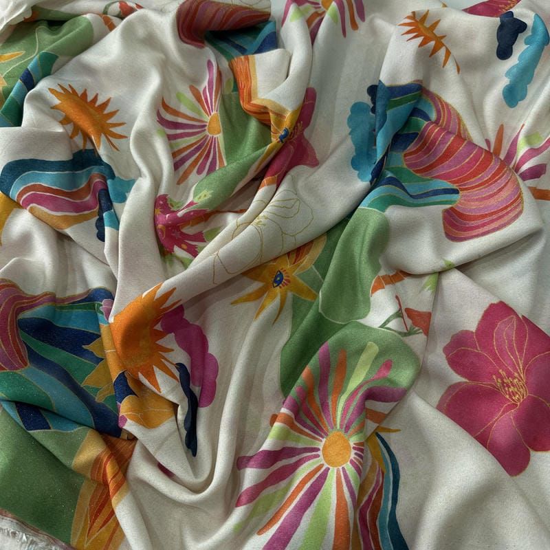 Tecido Viscose Estampada Tropical Sol de Verão Off White • Conexão