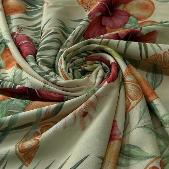Tecido Viscose Estampada Citrus Tropical Creme • Conexão Tecidos
