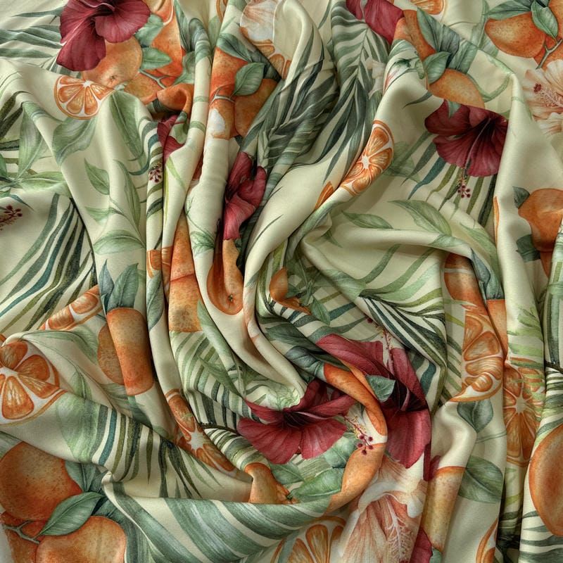 Tecido Viscose Estampada Citrus Tropical Creme • Conexão Tecidos