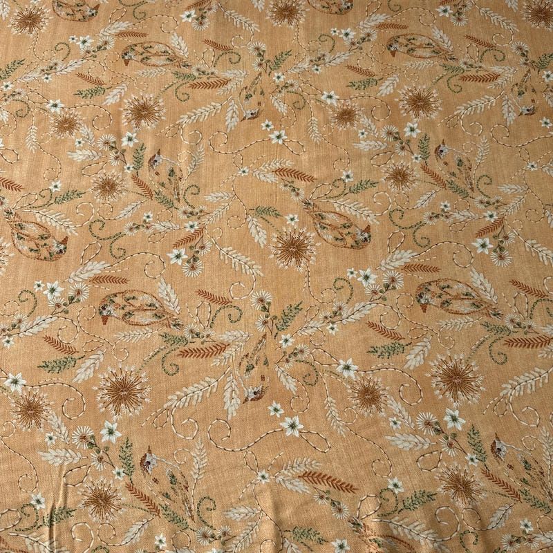 Tecido Viscose Estampada Pássaros Campestres Bege Mel • Conexão