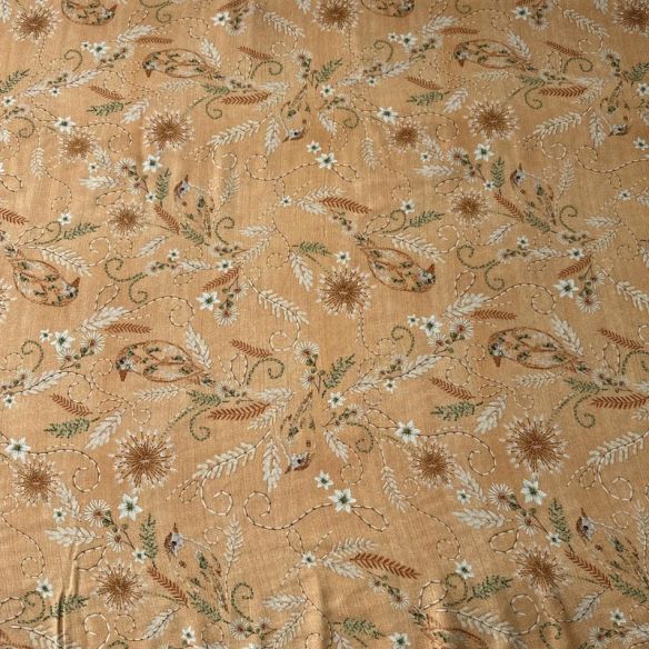 Tecido Viscose Estampada Pássaros Campestres Bege Mel • Conexão