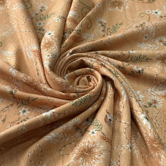 Tecido Viscose Estampada Pássaros Campestres Bege Mel • Conexão