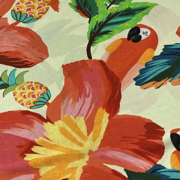 Tecido Viscose Estampada Araras Paraíso Tropical Creme • Conexão