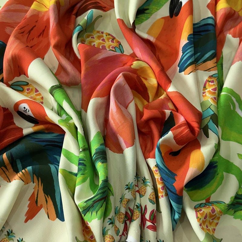 Tecido Viscose Estampada Araras Paraíso Tropical Creme • Conexão