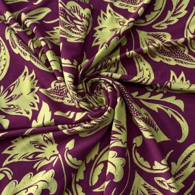 Tecido Viscose Estampada Folhagens Imperiais Ameixa e Pistache •