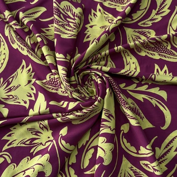 Tecido Viscose Estampada Folhagens Imperiais Ameixa e Pistache •