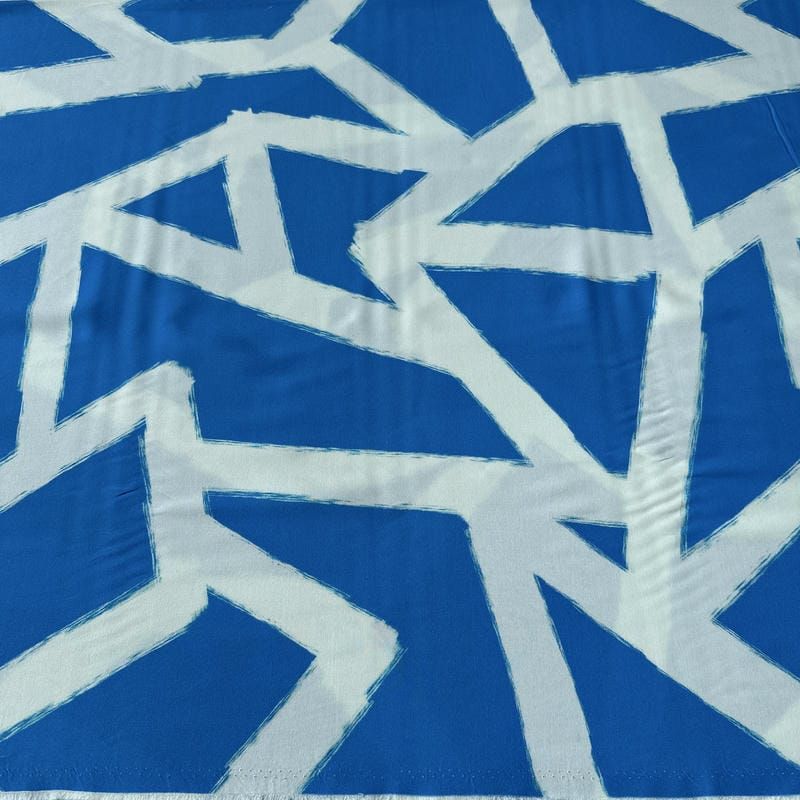 Tecido Viscose Estampada Geométrico Santorini Azul e Off White •