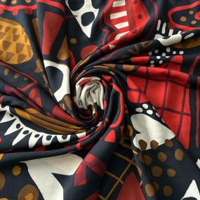 Tecido Viscose Estampada Corações Artísticos Preto e Vermelho •