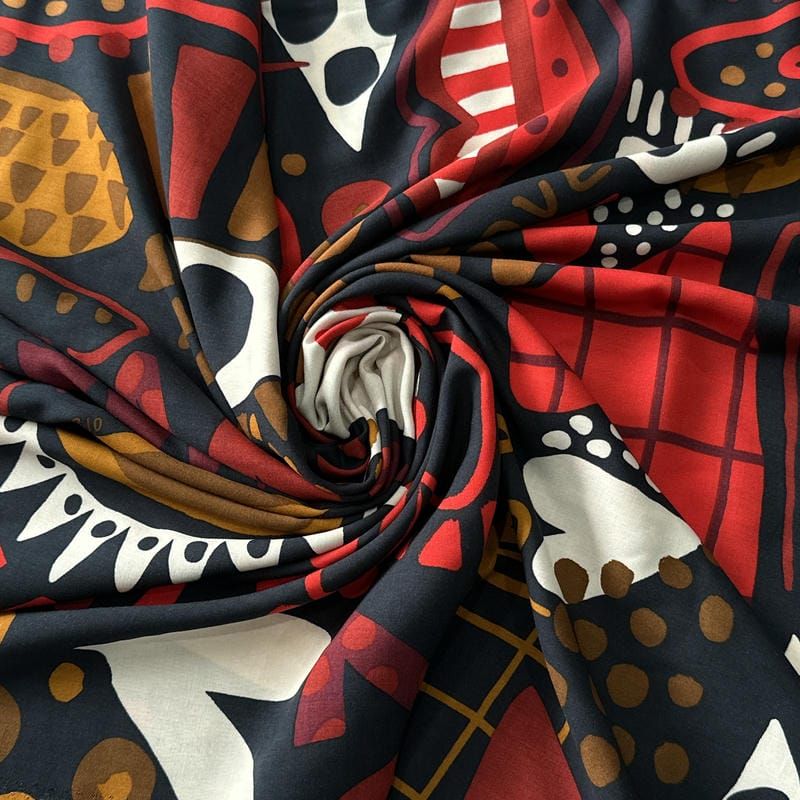Tecido Viscose Estampada Corações Artísticos Preto e Vermelho •