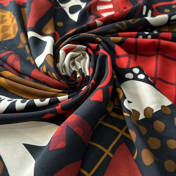 Tecido Viscose Estampada Corações Artísticos Preto e Vermelho •