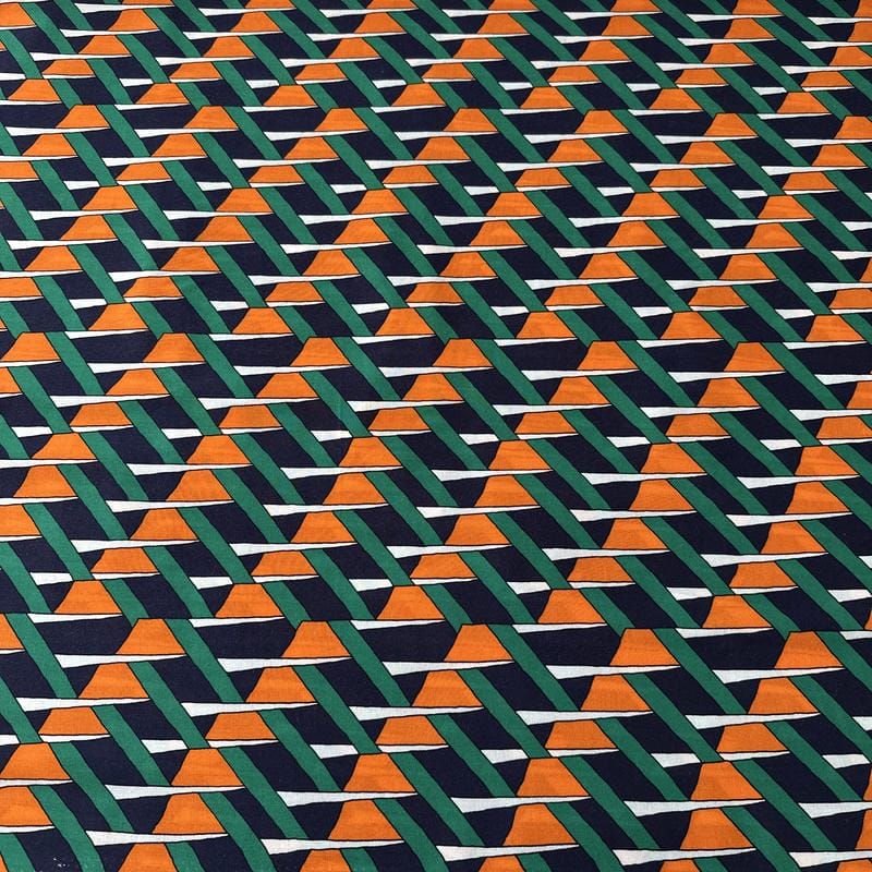 Tecido Viscose Estampada Geométrico Trama Retrô Marinho e Laranja •