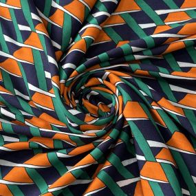Tecido Viscose Estampada Geométrico Trama Retrô Marinho e Laranja •