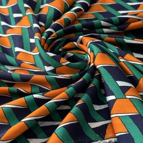 Tecido Viscose Estampada Geométrico Trama Retrô Marinho e Laranja • 2