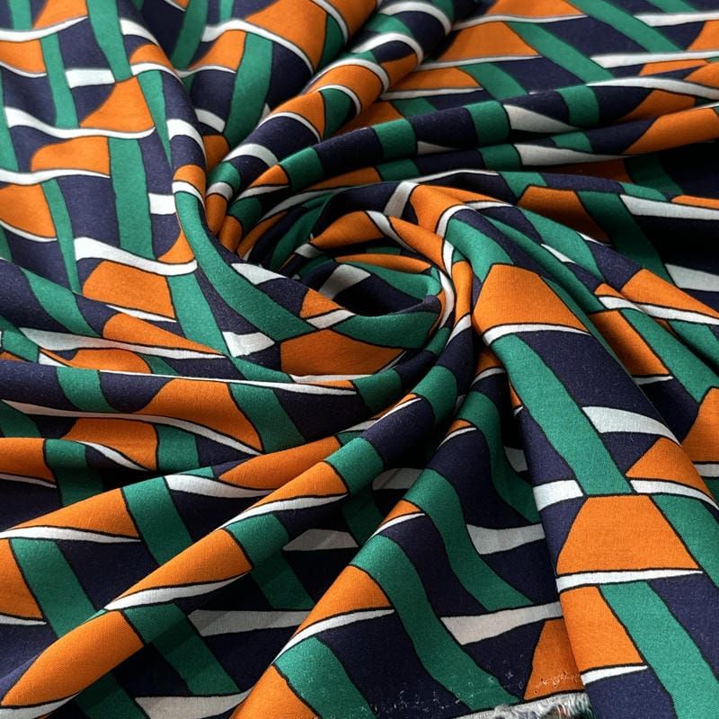 Tecido Viscose Estampada Geométrico Trama Retrô Marinho e Laranja •