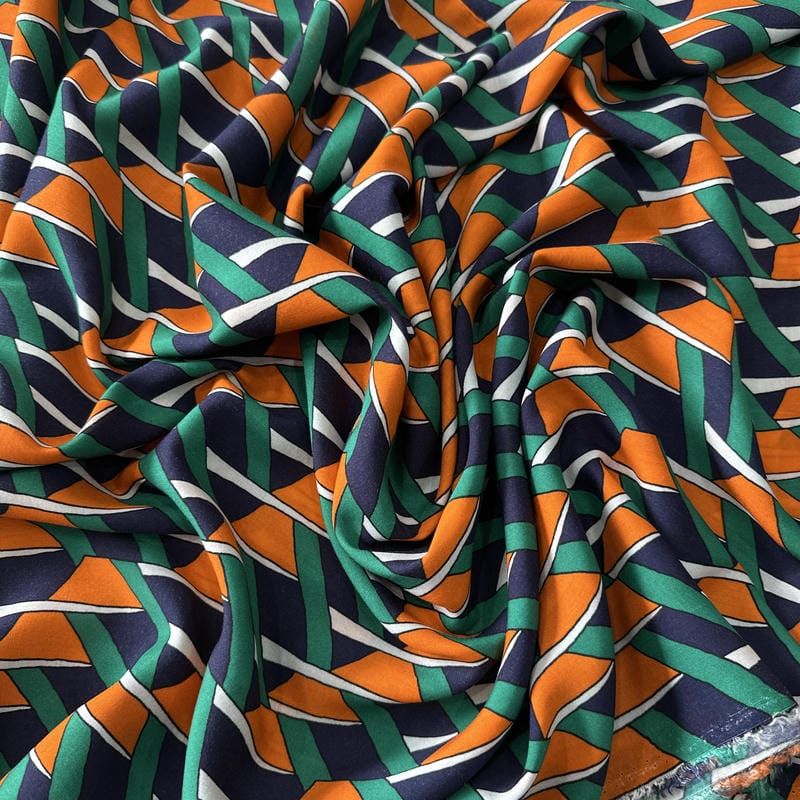 Tecido Viscose Estampada Geométrico Trama Retrô Marinho e Laranja •
