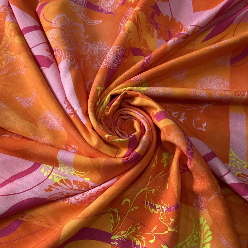 Tecido Viscose Estampada Paisley Solar Laranja e Lilás • Conexão