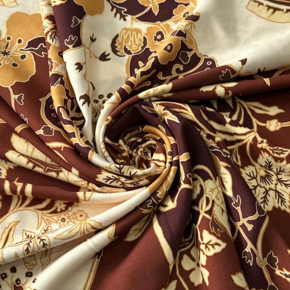 Tecido Viscose Estampada Floral Toscana Marrom e Caramelo • Conexão