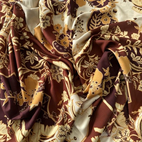 Tecido Viscose Estampada Floral Toscana Marrom e Caramelo • Conexão