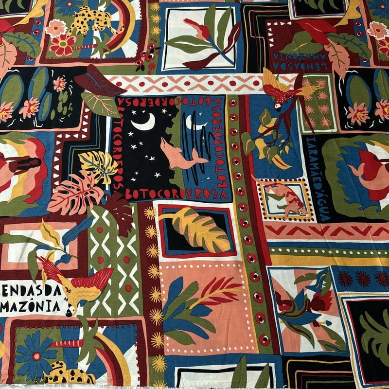 Tecido Viscose Estampada Lenço Lendas da Amazônia Multicolorido •
