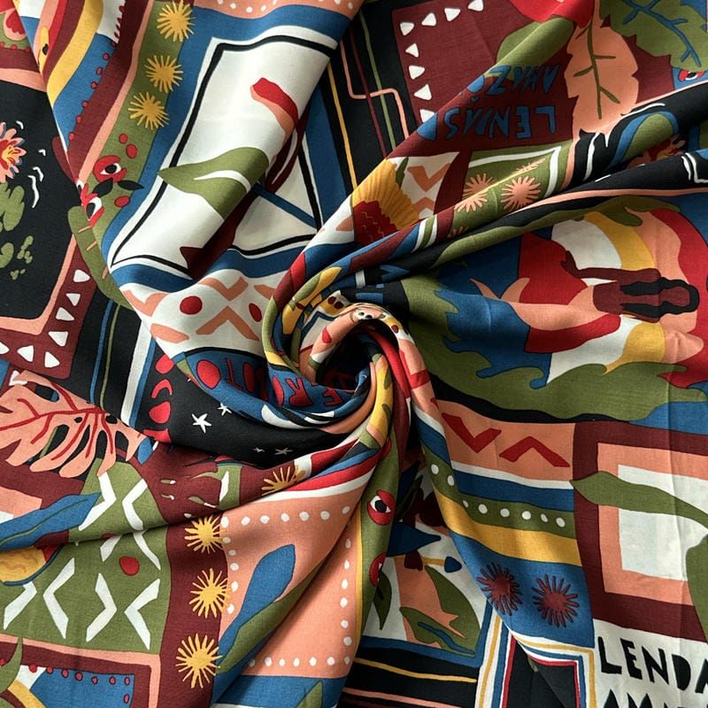 Tecido Viscose Estampada Lenço Lendas da Amazônia Multicolorido •