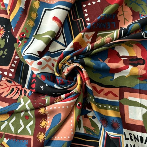 Tecido Viscose Estampada Lenço Lendas da Amazônia Multicolorido •