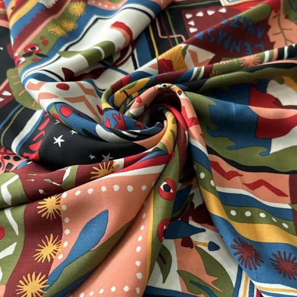 Tecido Viscose Estampada Lenço Lendas da Amazônia Multicolorido •