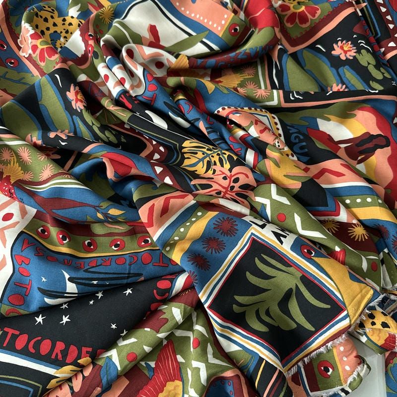 Tecido Viscose Estampada Lenço Lendas da Amazônia Multicolorido •